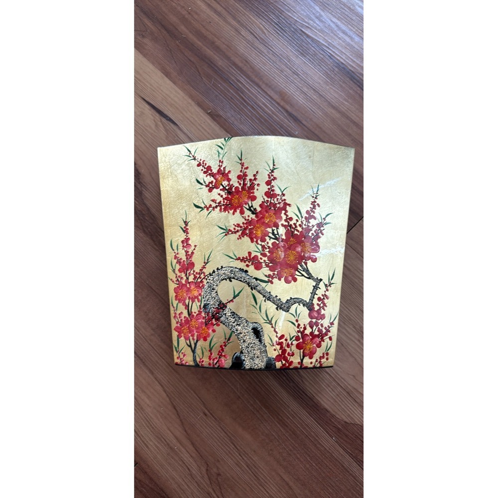 Vintage Asian Floral Vase Gold Painted Red Flowers Branch Decor‎